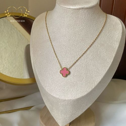 Dây chuyền cỏ 4 lá đá màu viền vàng - Mây Ánh Kim 4 Dây chuyền cỏ 4 lá hồng ngọt ngào