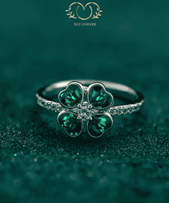 nhẫn cỏ 4 lá đá xanh bạc nữ cao cấp may mắn
