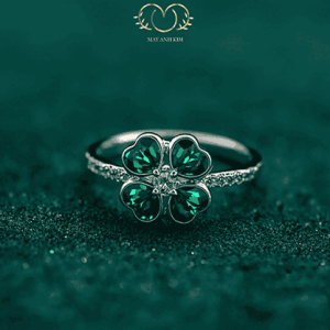 nhẫn cỏ 4 lá đá xanh bạc nữ cao cấp may mắn