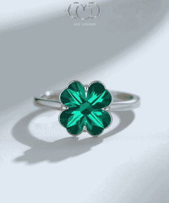 nhẫn cỏ 4 lá đá xanh bạc nữ cao cấp may mắn