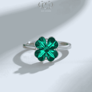 nhẫn cỏ 4 lá đá xanh bạc nữ cao cấp may mắn
