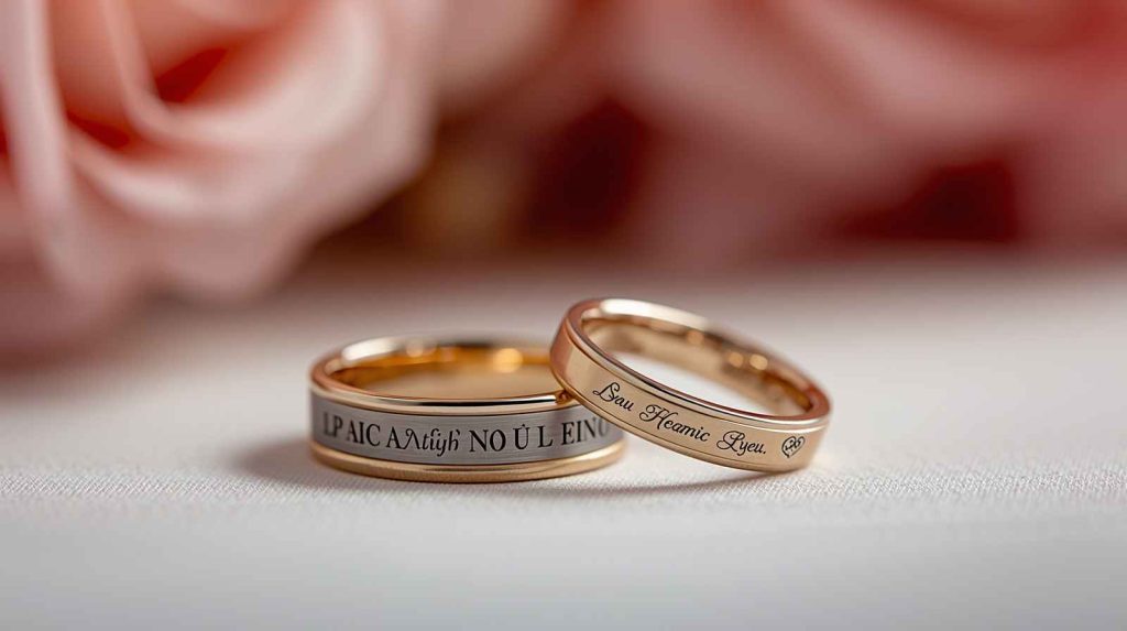 nhẫn cưới khắc tên theo yêu cầu với câu nói ý nghĩa và ký hiệu
